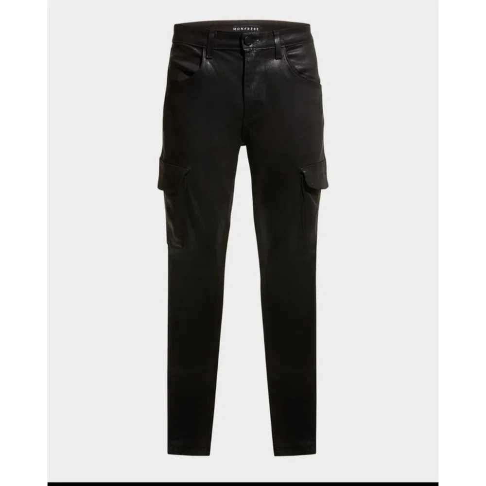 Monfrère Black Coated Cargo Pants Slim Fit Leather Look Size 38